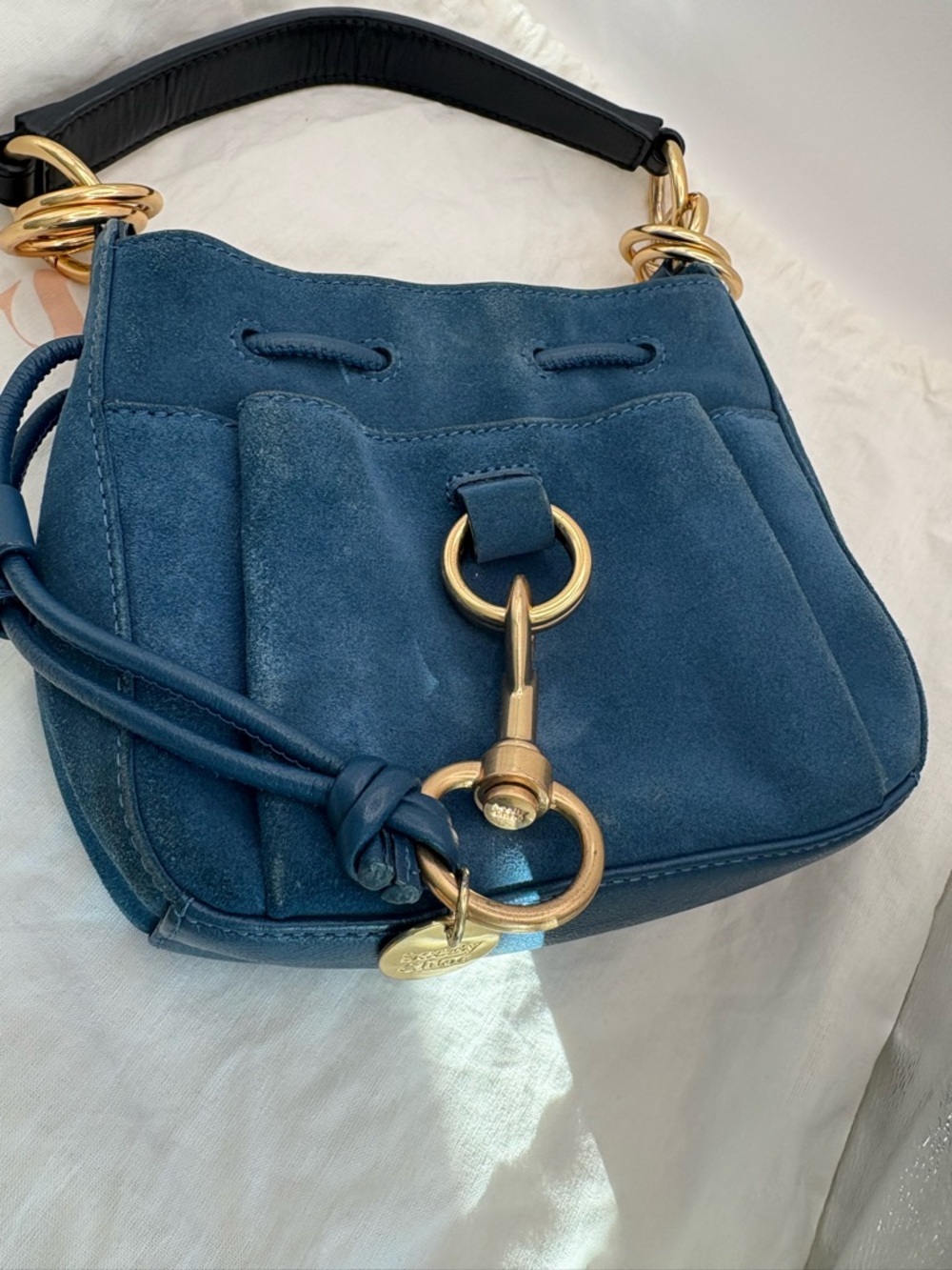 See By Chloe Blue Suede & Leather, 2 way Shoulder Bag with Gold Hardware. Rare